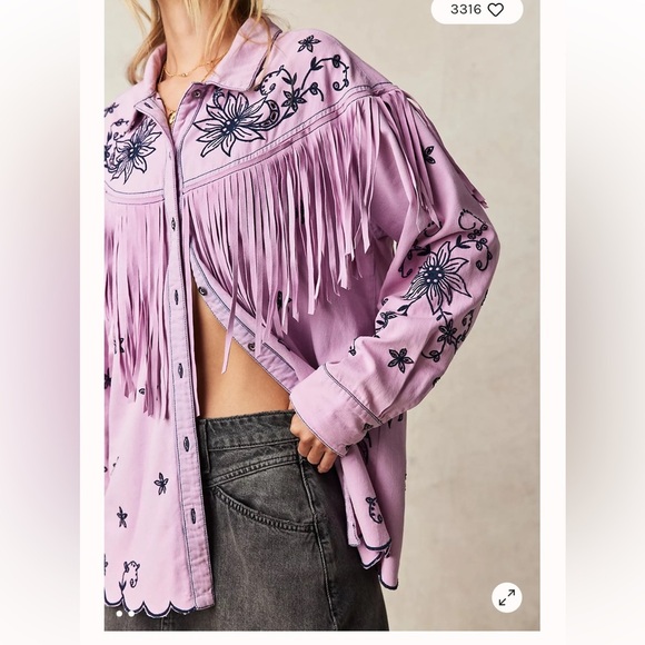 Free People Great Plains Fringe Denim Top Lilac Embroidered western shirt L - Picture 2 of 8